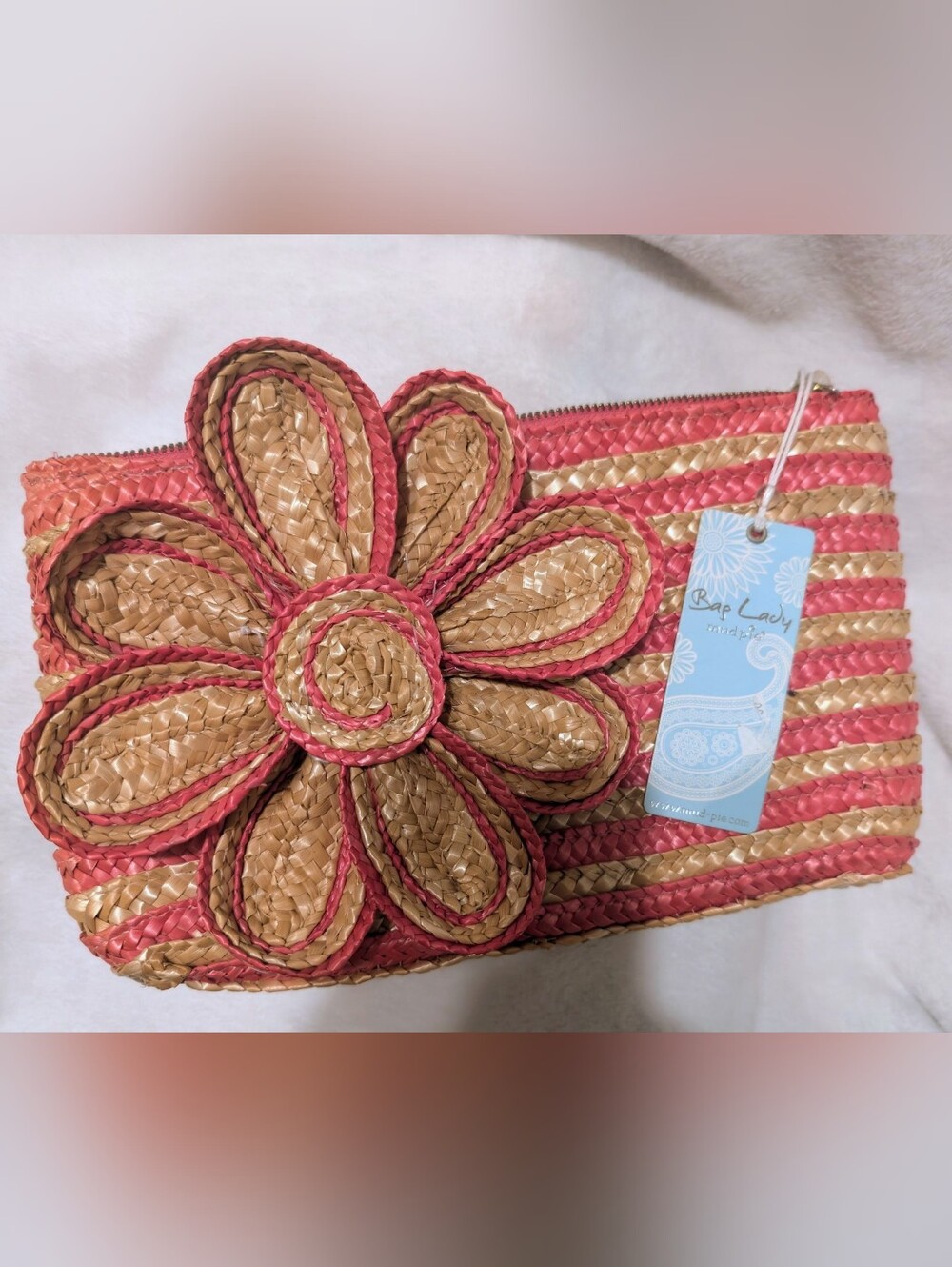 NWT Mud Pie Pink and Natural Straw Flower Clutch Bag